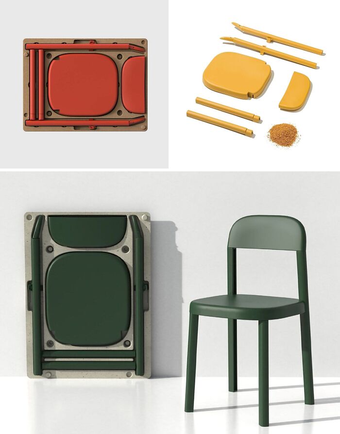 Brilliant design choices shown with flat-pack chairs in orange and green, and their disassembled components.