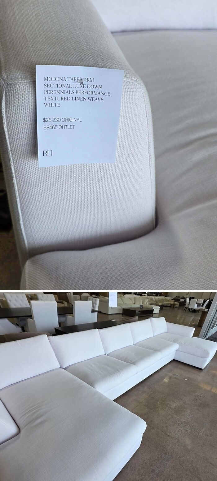 A white sectional sofa with a price tag showing a 400% price difference, illustrating insulting consumerism.
