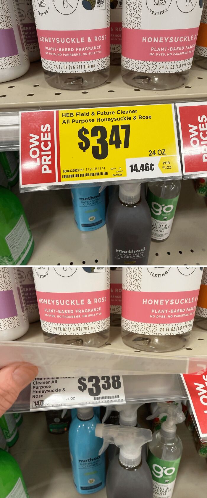Two price tags for the same product showing a 400% price difference, highlighting consumerism issues.