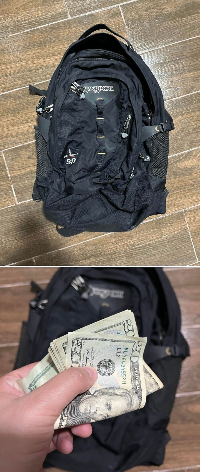 A black Jansport backpack and a hand holding cash, illustrating the 400% price difference and insulting consumerism.
