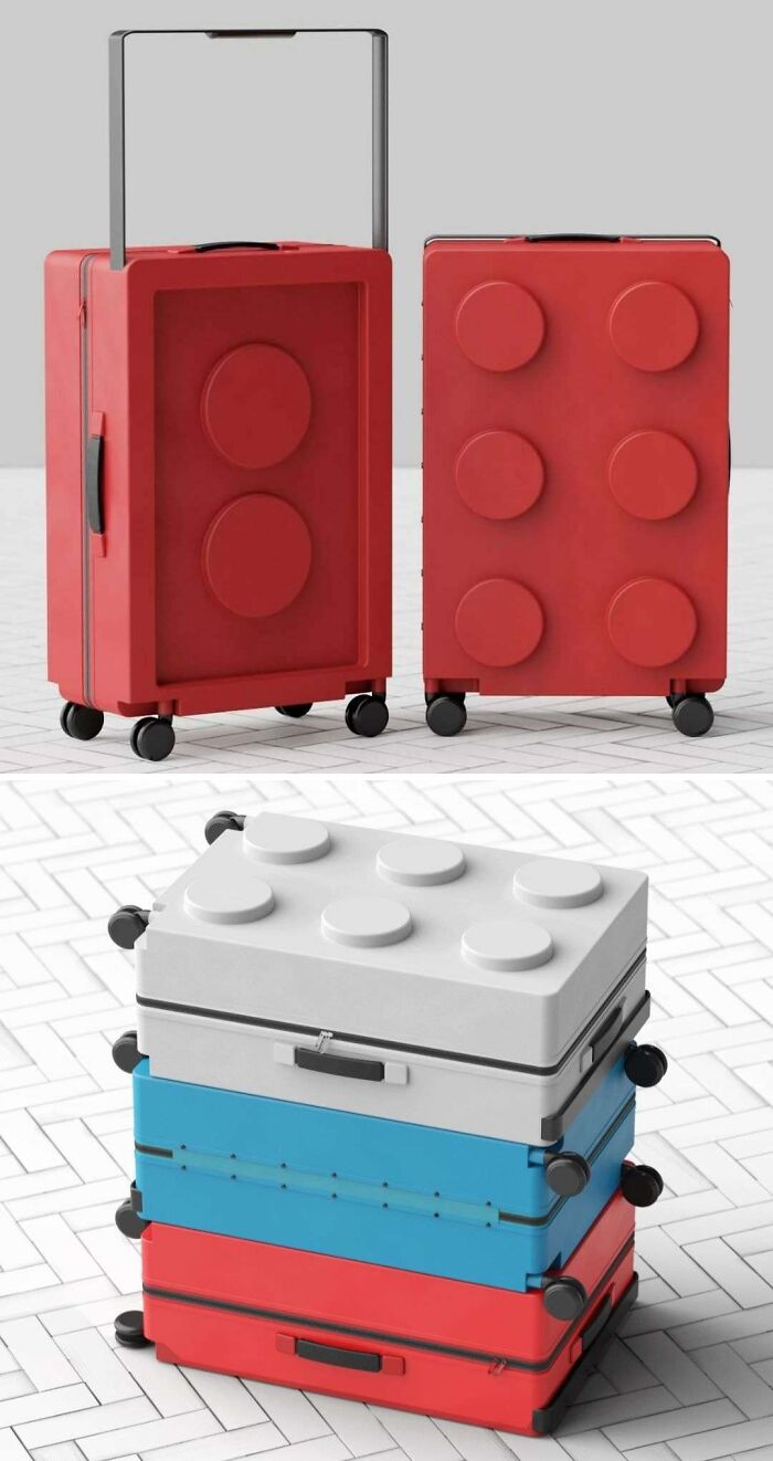 A brilliant design choice: two images of suitcases resembling giant Lego bricks, one red and others stacked in white, blue, and red.
