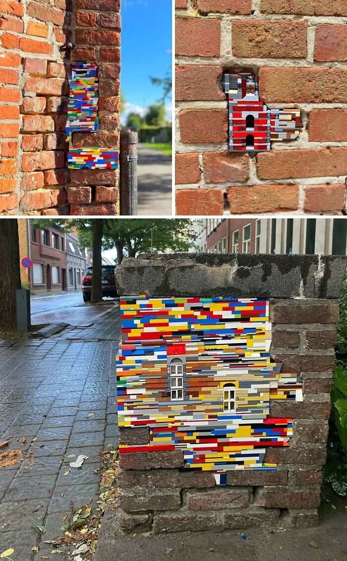 A brilliant design choice: various outdoor brick walls featuring creative art installations made from colorful Lego bricks.