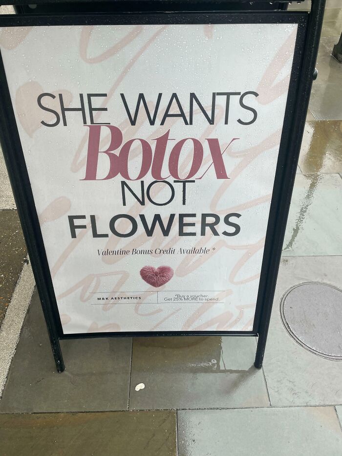 An A-frame sign advertising Botox, highlighting the 400% price difference in consumerism.