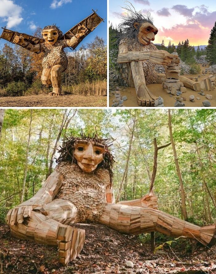 Brilliant design choices: three large wooden troll sculptures in natural settings, demonstrating creative craftsmanship.