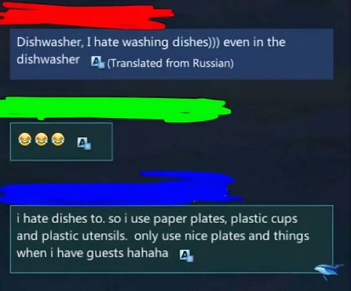 A screenshot of text messages discussing dishwashing, highlighting aspects of consumerism and price difference.