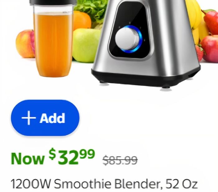 A smoothie blender with a price difference shown, illustrating insulting consumerism and price discrepancies.