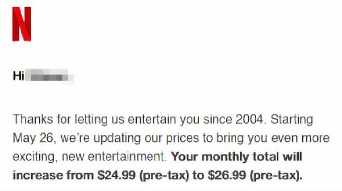 Email showing a price increase, reflecting the impact of consumerism and price difference.