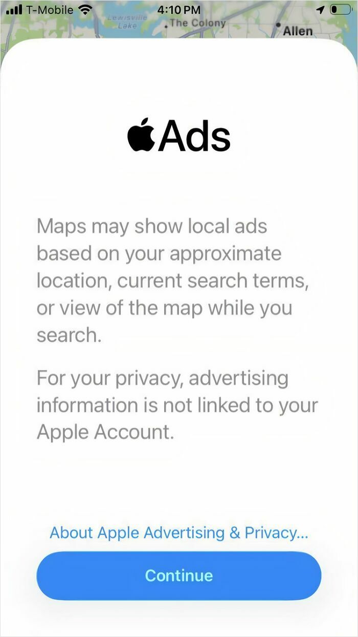 An Apple Ads screen showing how maps may display local ads, highlighting consumerism.