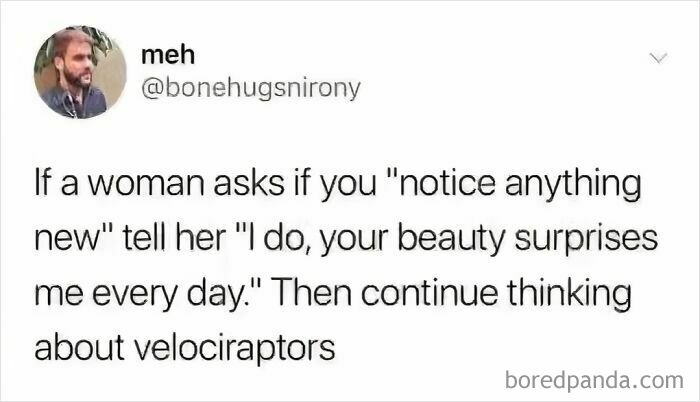 A meme with oddly specific posts, suggesting a humorous response to a woman asking about something new while thinking about velociraptors.