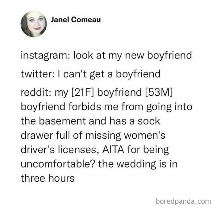 An oddly specific post comparing Instagram, Twitter, and Reddit relationships, with Reddit's being alarming.
