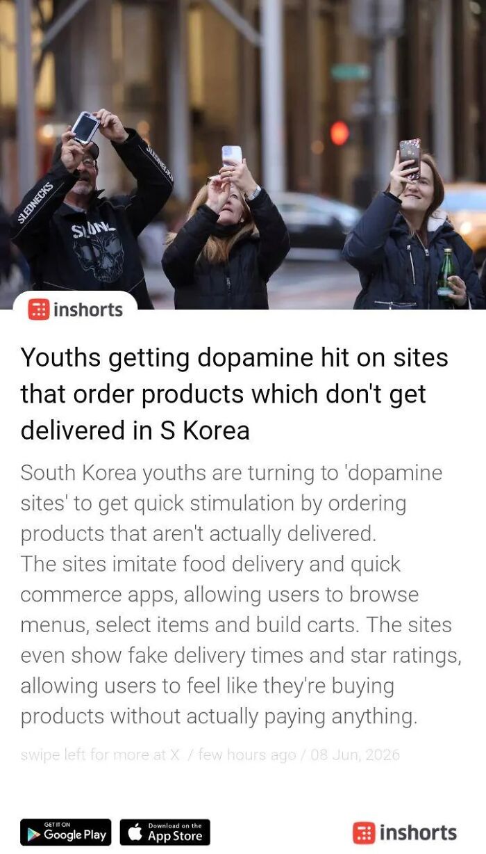 People taking photos, a news headline about youths getting dopamine hits from fake delivery sites in S Korea, showcasing insulting consumerism.