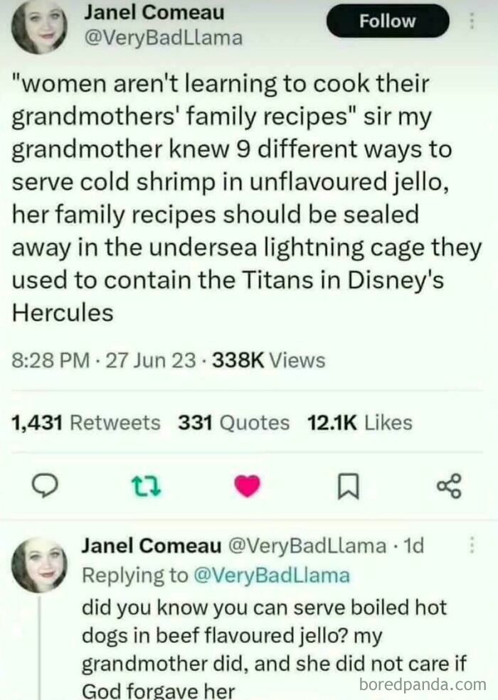 An oddly specific social media post about grandmothers' family recipes, including cold shrimp in unflavoured jello.