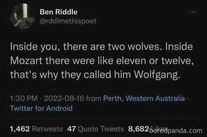 A tweet about oddly specific posts, humorously explaining Wolfgang Mozart's name.