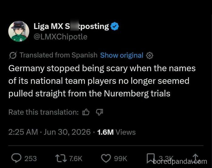 A tweet with an oddly specific post about Germany and its national team players, comparing their names to the Nuremberg trials.