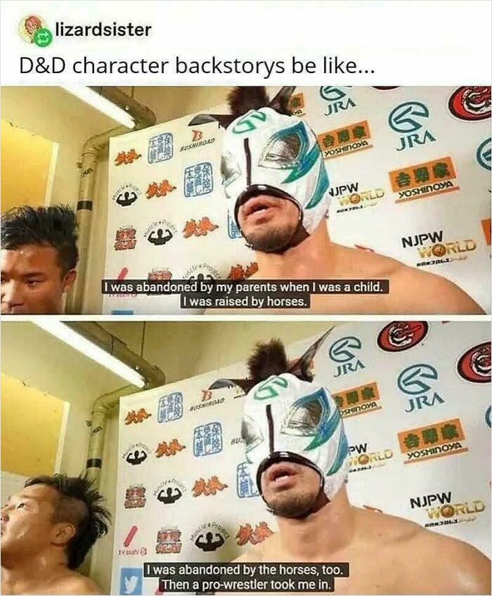 An oddly specific post showing a wrestler in a donkey mask detailing his D&D character backstory of being abandoned.