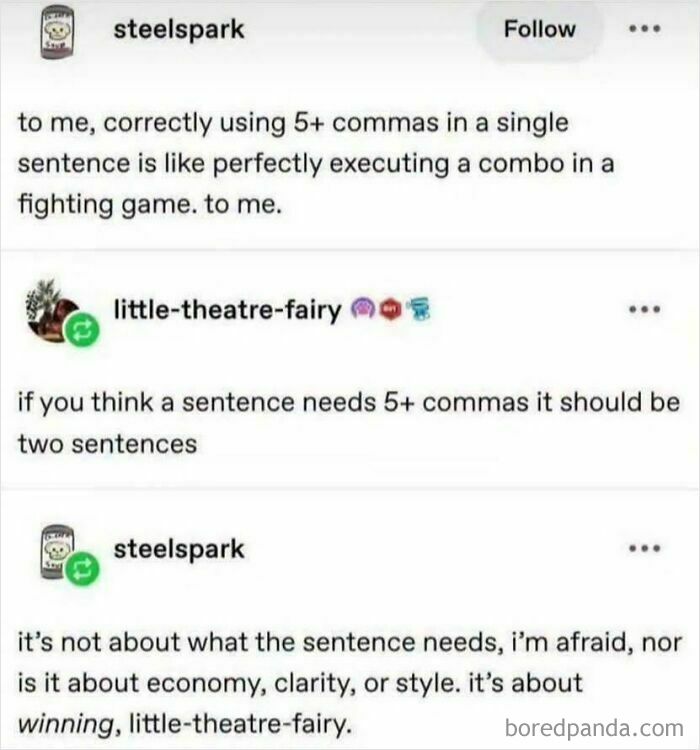 An oddly specific post about using commas in sentences like combos in a fighting game.