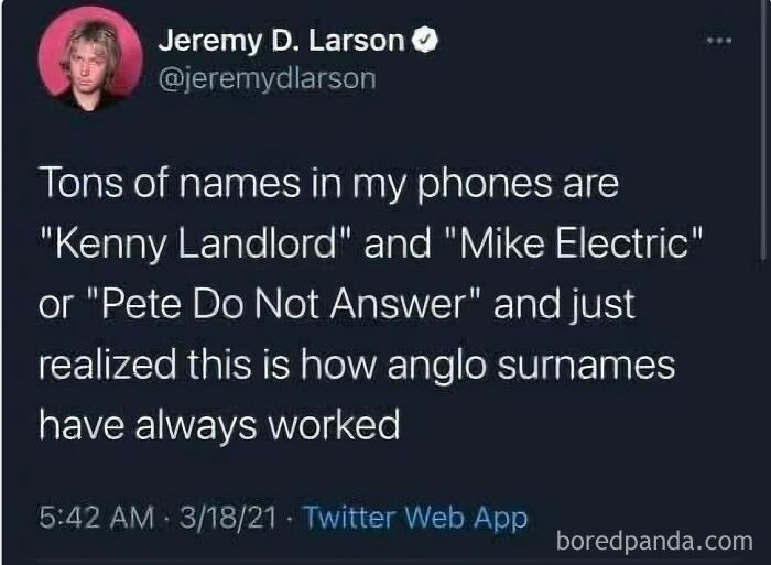 An oddly specific post about phone contact names like Kenny Landlord and Mike Electric.