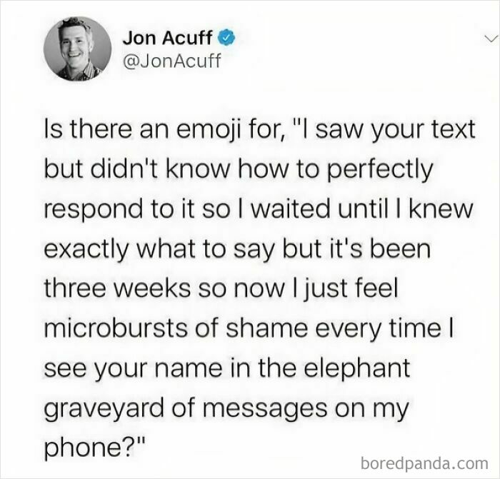 A screenshot of an oddly specific post by Jon Acuff on Twitter about emoji for shame from unanswered texts.
