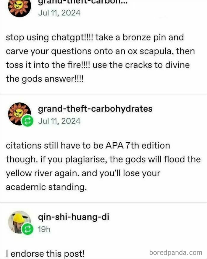 A screenshot of oddly specific posts about using ox scapula instead of ChatGPT and citing sources.
