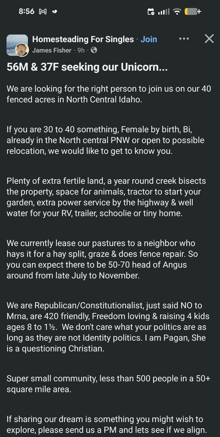 A screenshot of an oddly specific post for Homesteading For Singles, seeking a unicorn.