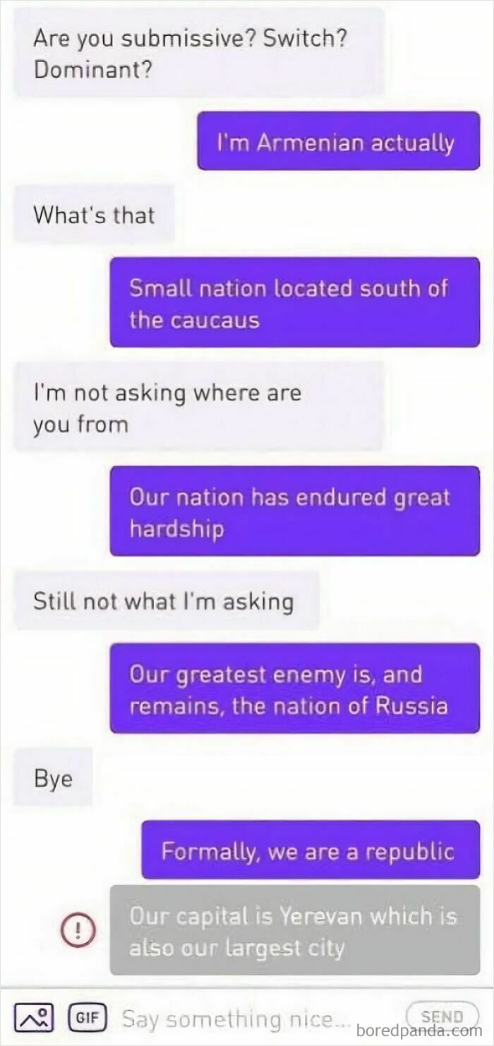 An oddly specific text message conversation where one person tries to learn about the other's preferences, but the other responds about Armenia.
