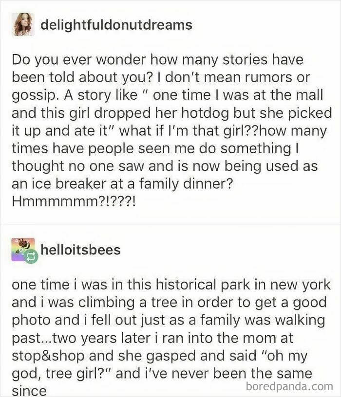An oddly specific post on Tumblr about someone wondering if their awkward moments have become icebreaker stories for others.