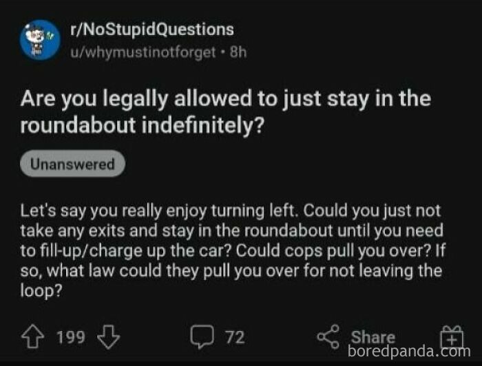 A Reddit post asking an oddly specific question about staying indefinitely in a roundabout.