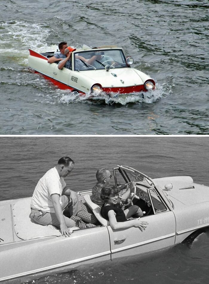 People enjoying brilliant design choices with an amphibious car, a unique vehicle that doubles as a boat.
