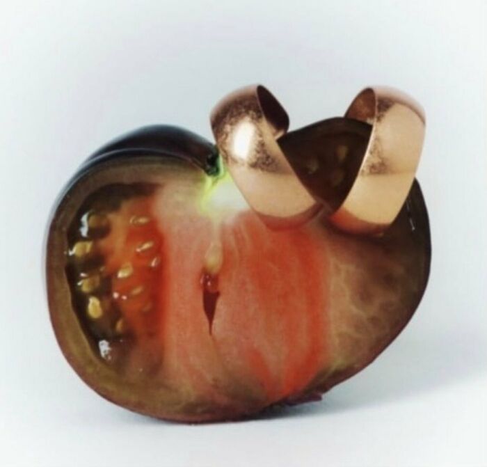 A dark tomato cut in half with two gold rings, featured in bizarre content on the Zara website.