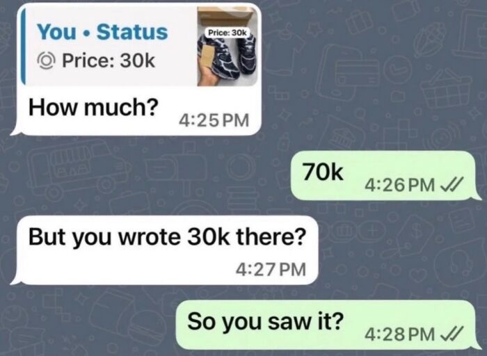 A humorous and relatable meme showing a text conversation about a price discrepancy for shoes, boosting morale.