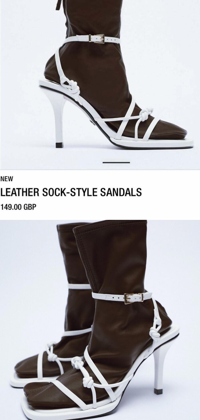 Close-up of bizarre content: leather sock-style sandals from Zara website.