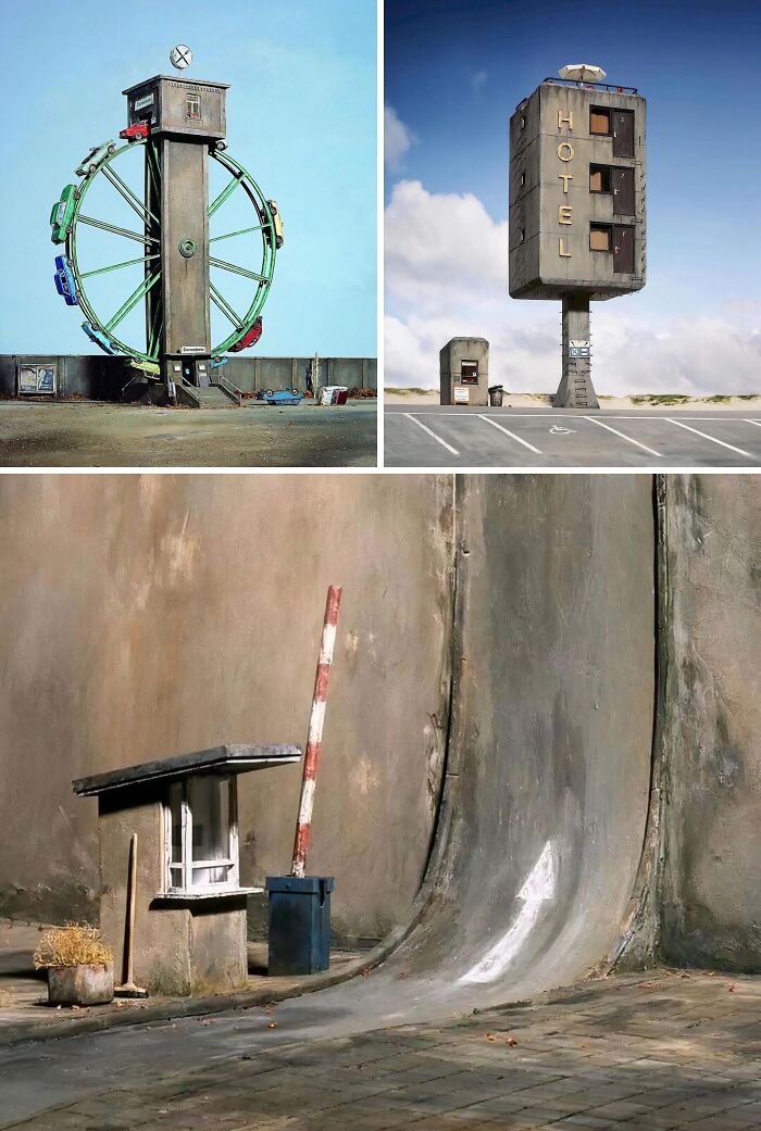 Collage of three images featuring brilliant design choices: a Ferris wheel attached to a building, a tall HOTEL structure, and a curved concrete wall.