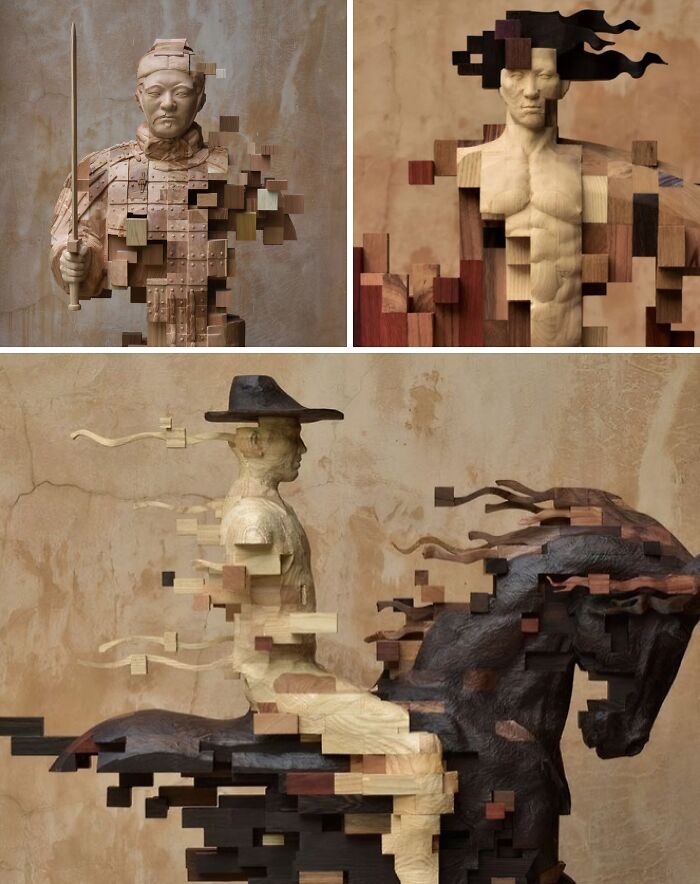 Digital pixelated warrior statues with a glitch art effect, demonstrating brilliant design choices in sculptural art.