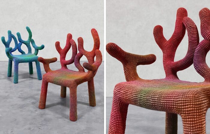 Two chairs with brilliant design choices shaped like coral, featuring a textured, colorful surface, surprising people.