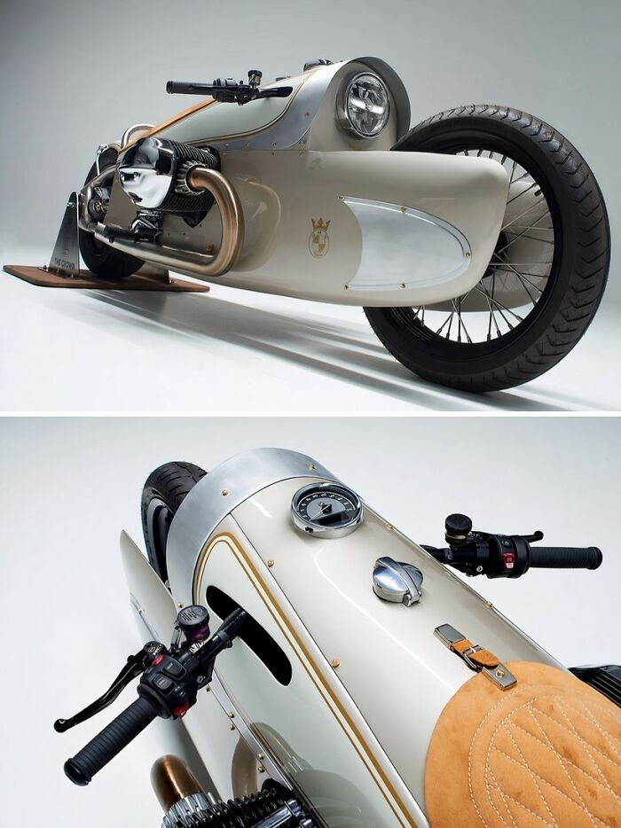 Two views of a custom-built motorcycle with brilliant design choices, featuring a sleek, vintage-inspired look, surprising people.