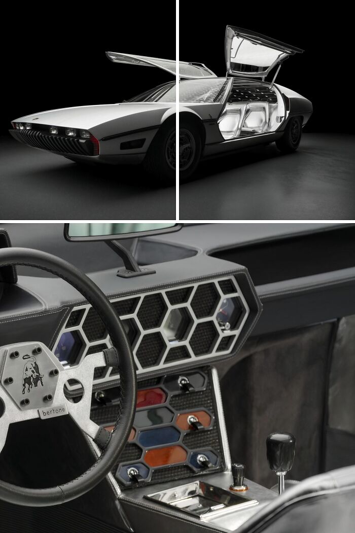 A multi-panel image showcasing the brilliant design choices of a classic silver sports car, surprising people.