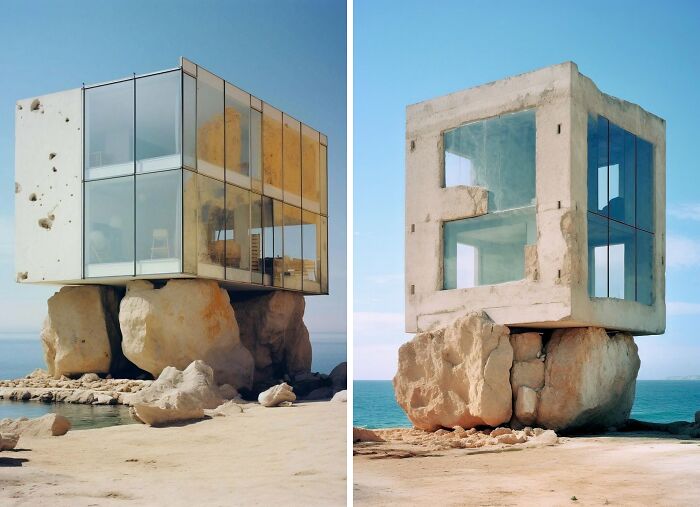 A unique house with brilliant design choices featuring glass and concrete built on large rocks by the sea, surprising people.