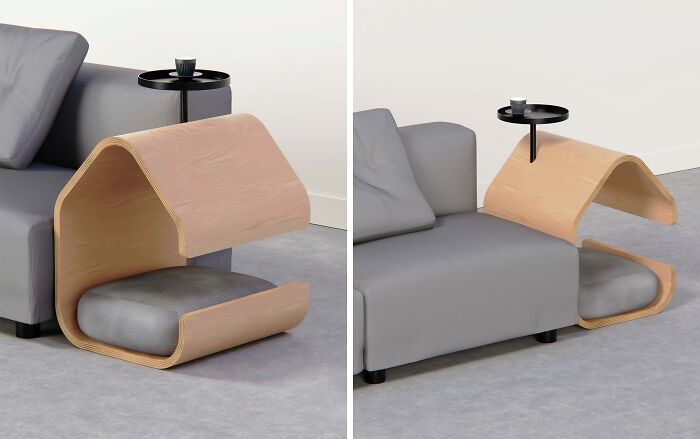 A brilliant design choice for a sofa attachment that serves as a side table and pet bed, surprising people.