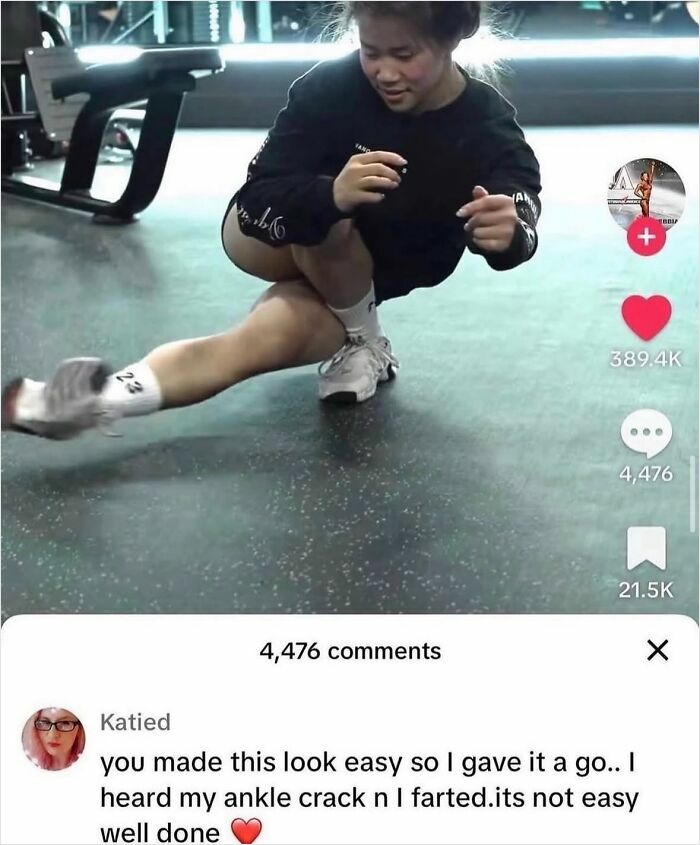 A relatable and respectful meme showing a person doing a difficult workout, with a comment about a failed attempt to boost morale.
