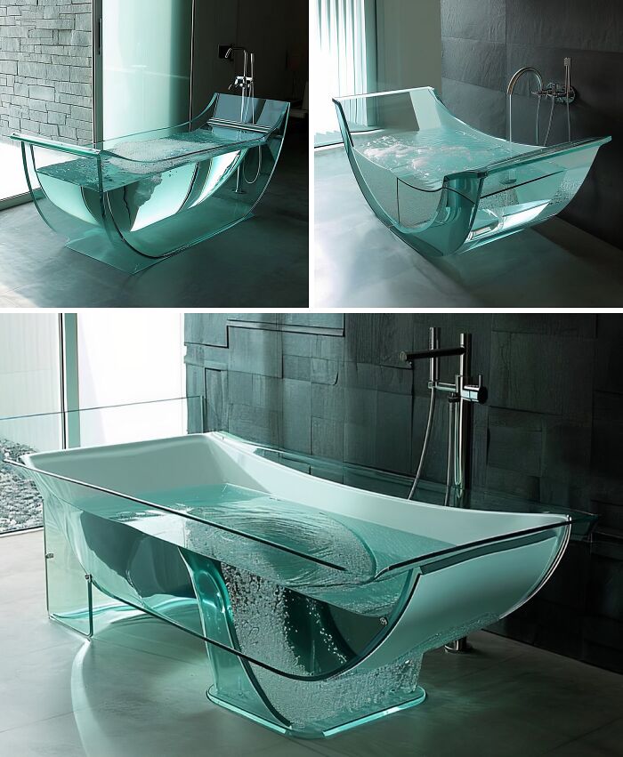 Three views of brilliant design choices for a clear glass bathtub, showcasing its unique and elegant form.