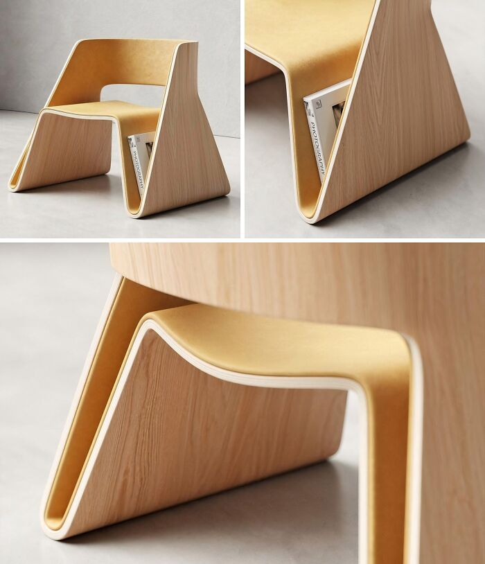 A modern wooden chair with a brilliant design choice, featuring a built-in slot for storing books or magazines.