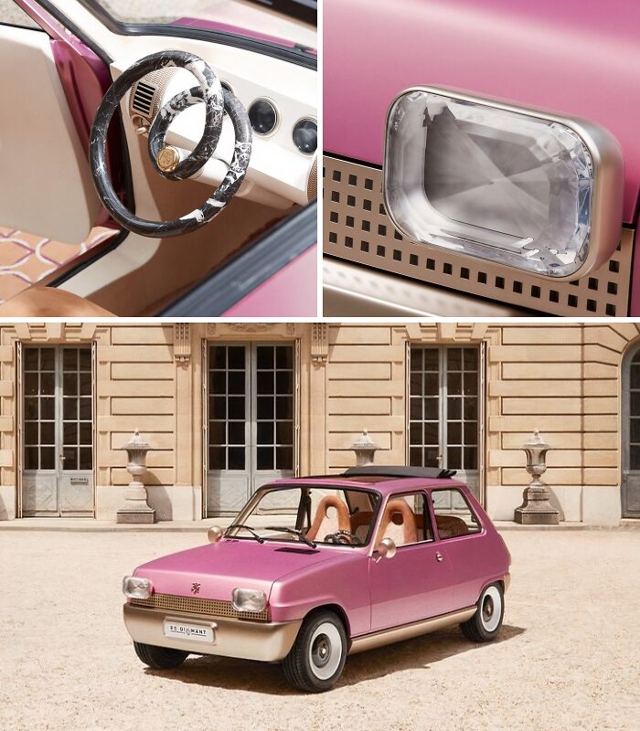 A vibrant pink car with brilliant design choices, including a unique steering wheel and a diamond-shaped mirror.