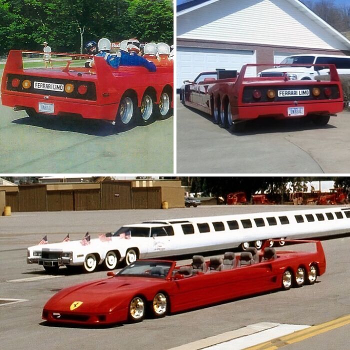 A collage of brilliant design choices featuring a unique red Ferrari limo, showcasing custom automotive design.