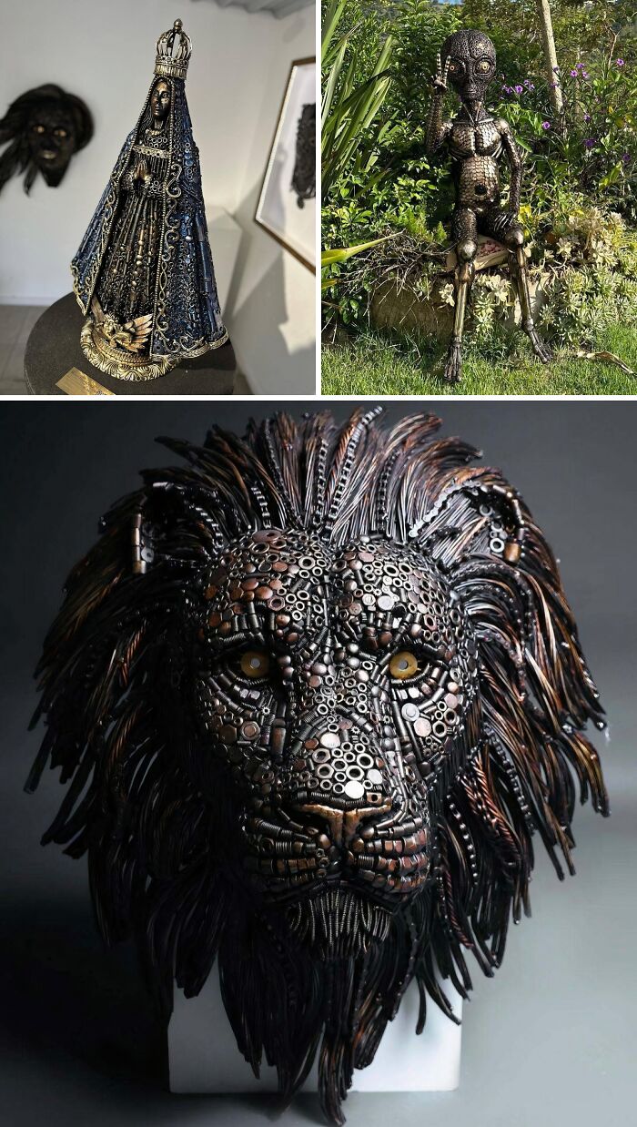 Collage of three brilliant design choices: an ornate statue, a metal figure in a garden, and a lion bust made of gears and metal parts.
