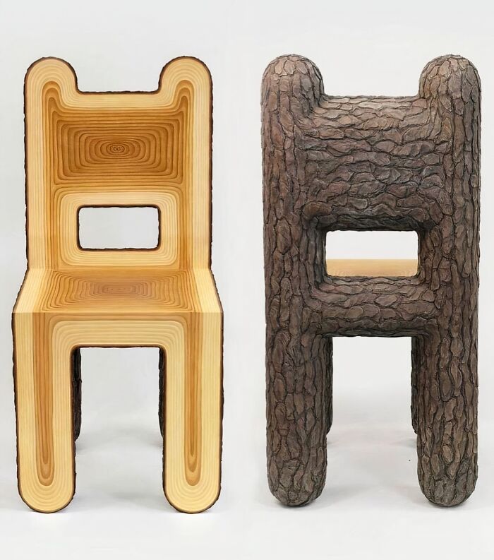 Two chairs with brilliant design choices, one showing wood grain layers, the other a textured bark-like finish.