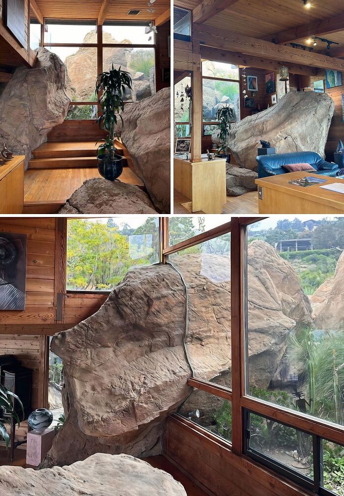 A modern house interior with large boulders integrated into the design, showcasing brilliant design choices.
