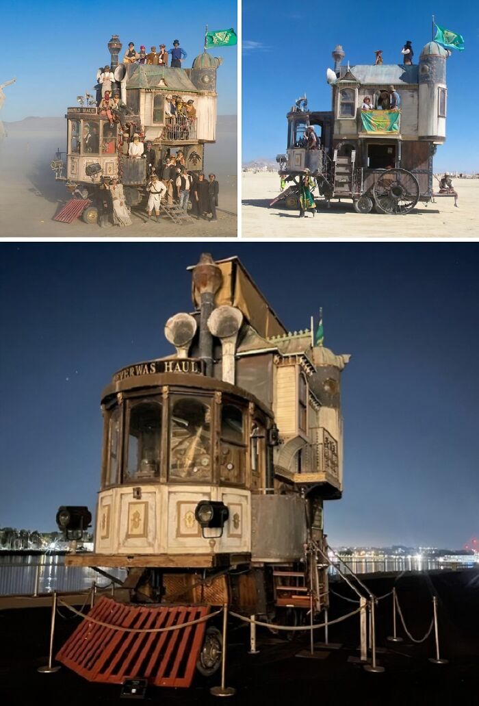 A brilliant design choice: a multi-story mobile art installation resembling a house, seen day and night.
