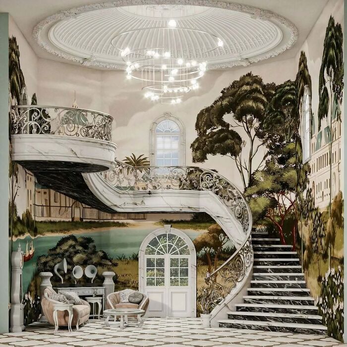 Grand foyer with a brilliant design choices staircase and a mural of a landscape.