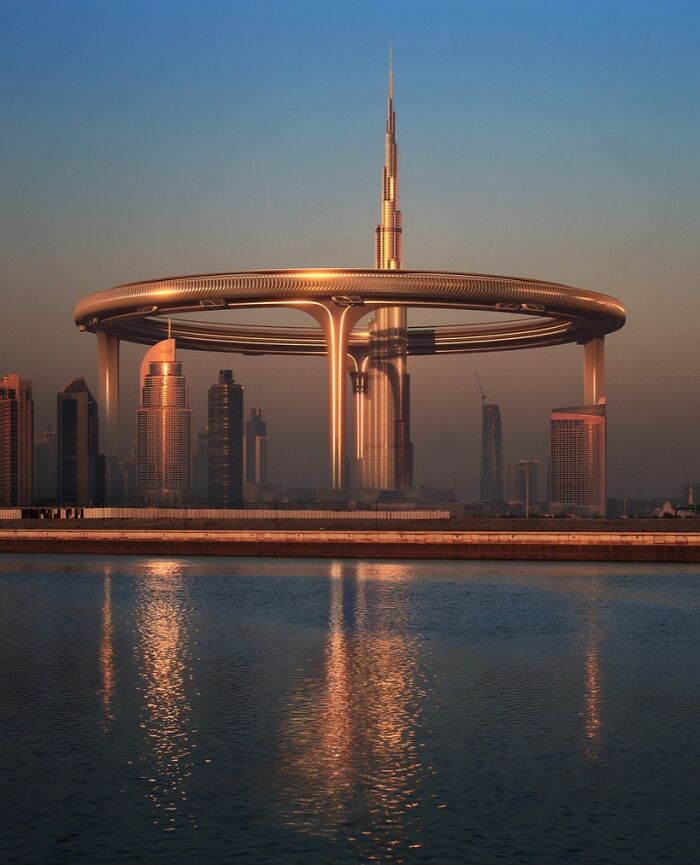 A city skyline featuring a brilliant design choices building with a golden ring around it.