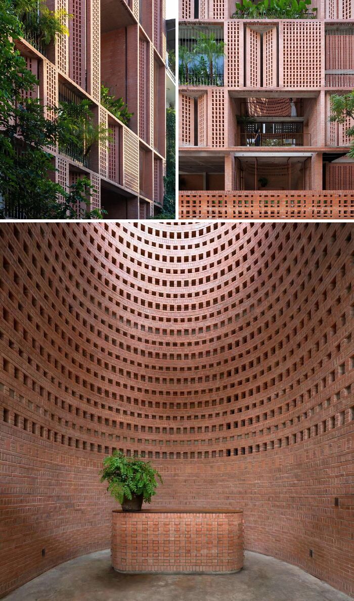 A brilliant design choice: a building and an interior space featuring intricate brickwork with small openings.